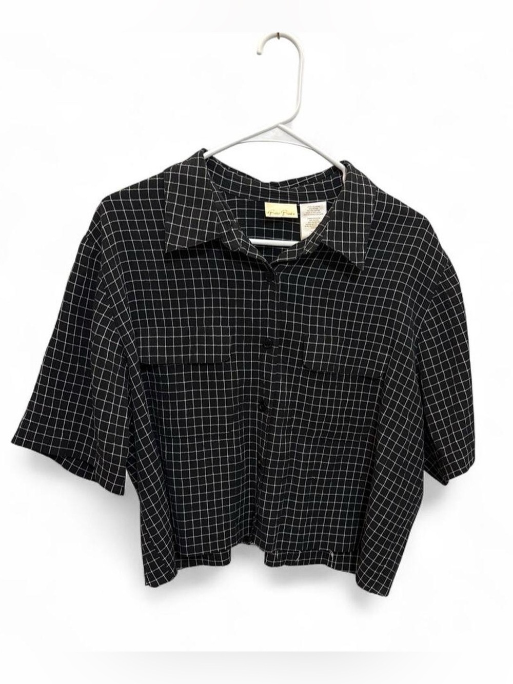 Vintage Cropped Black Windowpane Button-Down Shirt